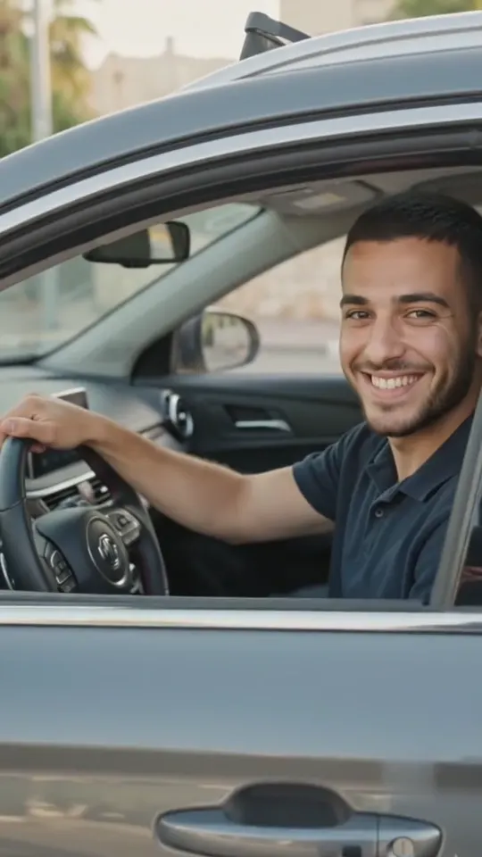 בחור מחייך ליד ההגה ברכב חדש — מתוך הפרסומת של Tamir Custom