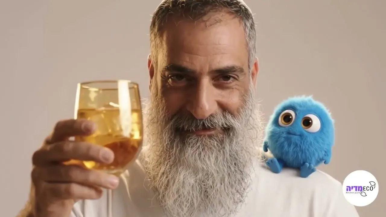 איש עם זקן מרים כוס משקה ליד דמות מאוירת