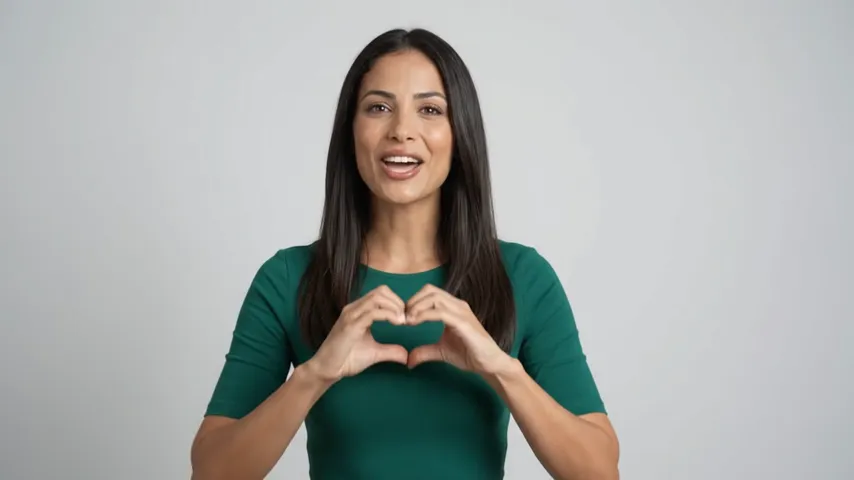 מגישה בשמלה ירוקה יוצרת לב בידיים — פריים מפרסומת אקו מדיה