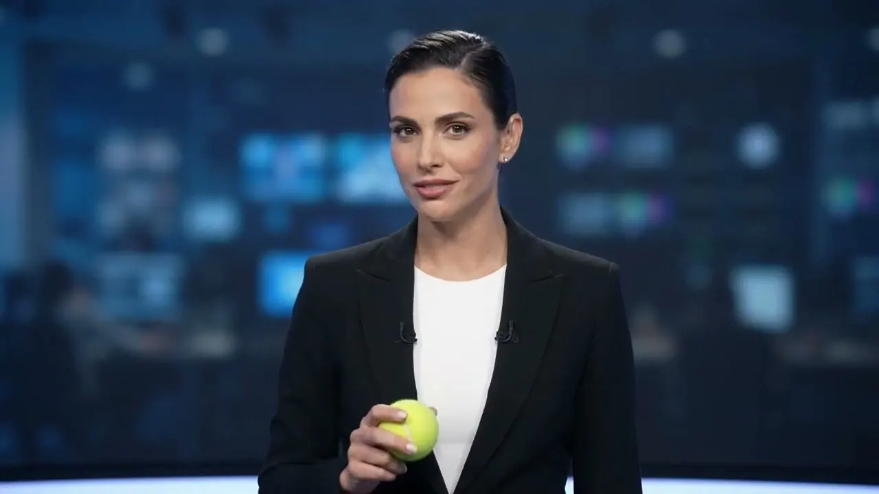 מגישה באולפן חדשות מחזיקה תפוח ירוק — פריים מתוך ריל תיק העבודות